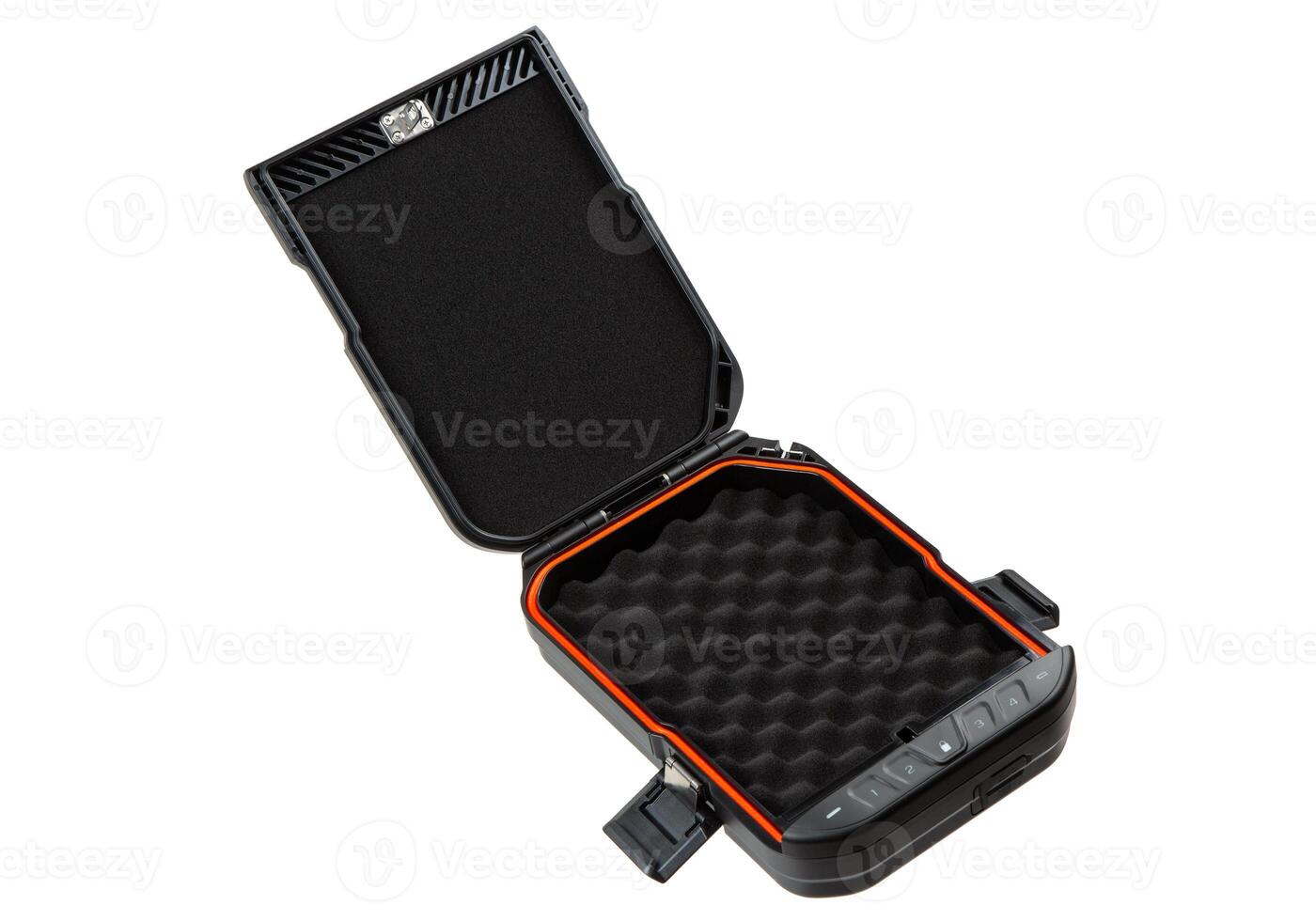 A portable black safe with its lid open, showcasing an orange lining and foam interior, ideal for storing weapons or valuables, isolated on a white background. photo