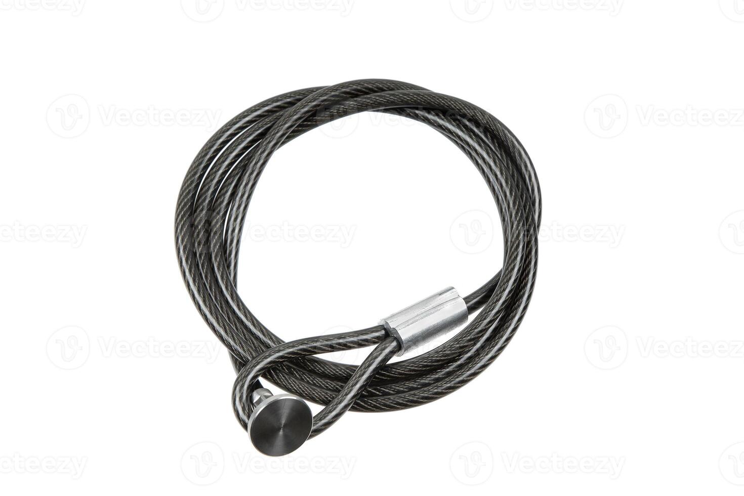 Steel cable coiled in a loop, isolated on white background. photo