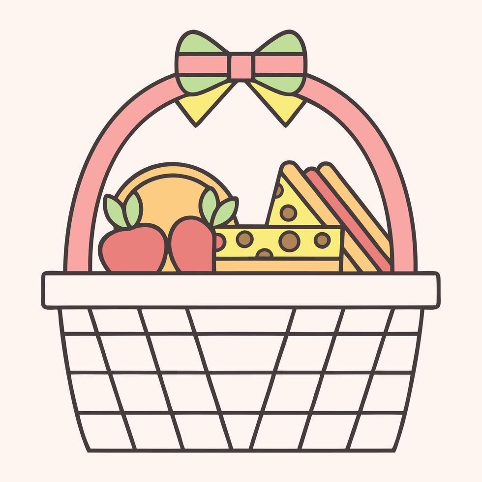 Picnic Basket Illustration with Cheese, Apple, and Sandwiches vector
