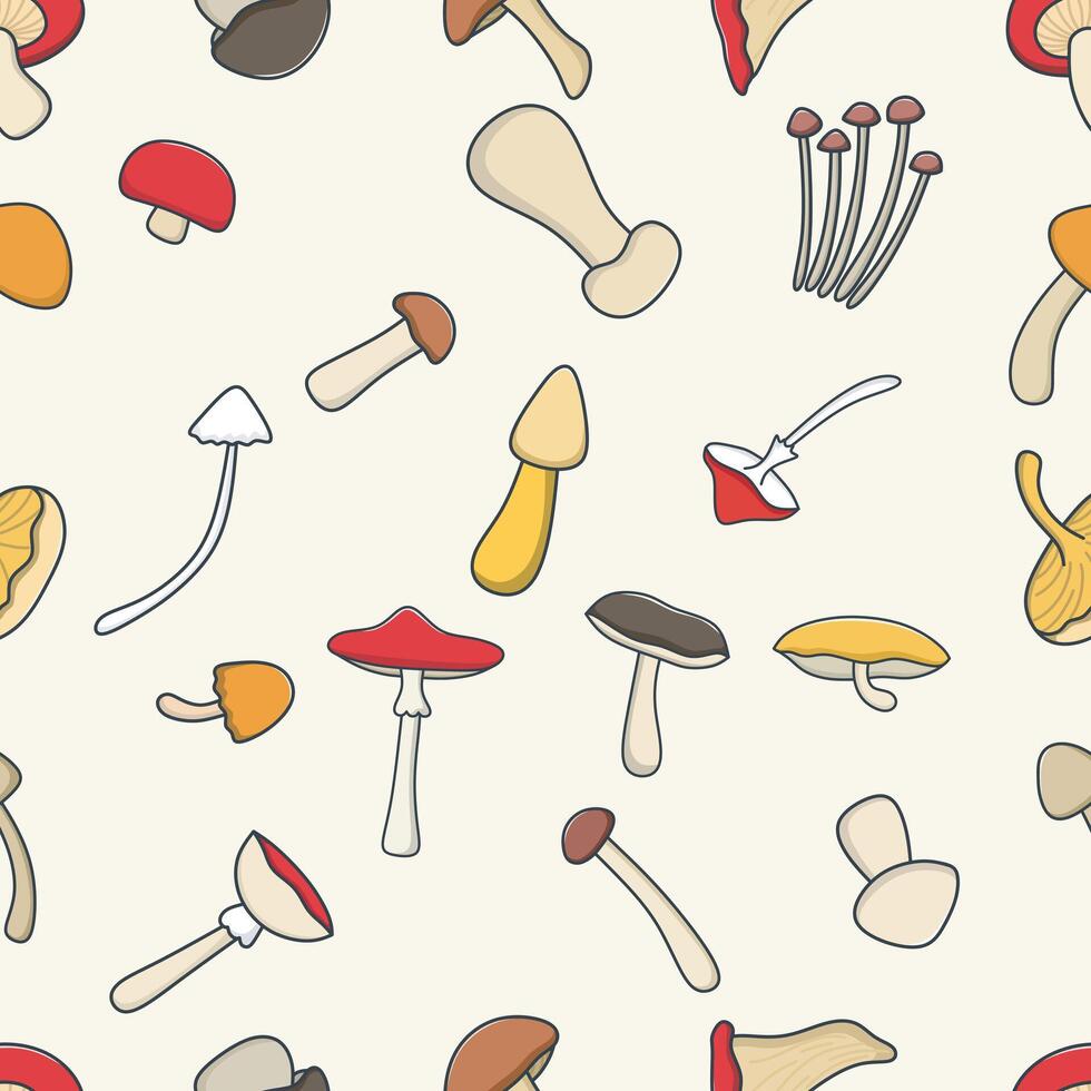 Seasonal mushroom food, chanterelle, champignon and amanita flat seamless pattern. Natural organic mushrooms background. vector