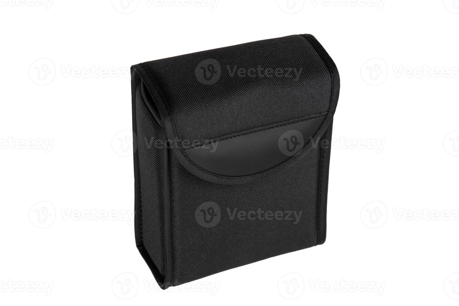 A rectangular black fabric pouch with a flap closure, ideal for holding small items or devices, set against a white background. photo