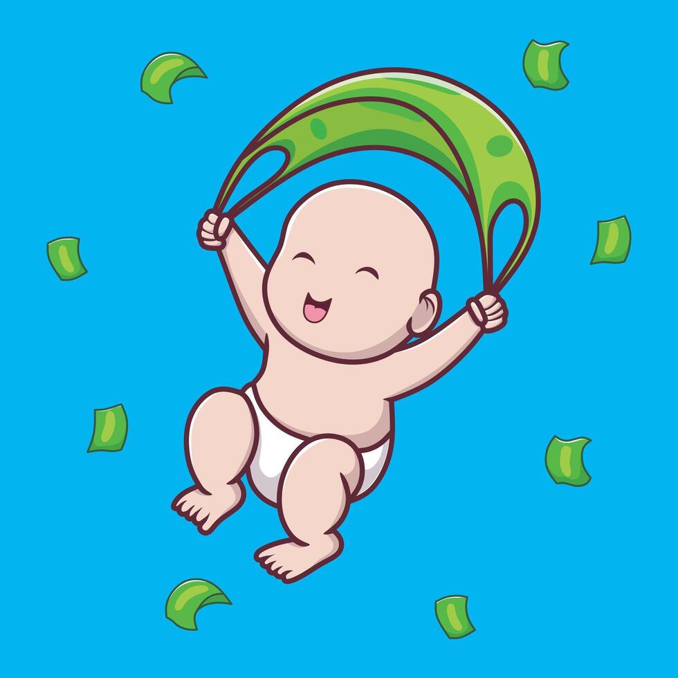 A cute illustration of a Tuyul, a mythical small creature from Southeast Asian folklore, often depicted as a mischievous child-like goblin. Tuyul is playing parachuting using money. vector