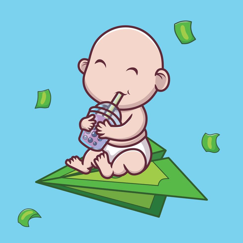 A cute illustration of a Tuyul, a mythical small creature from Southeast Asian folklore, often depicted as a mischievous child-like goblin. Tuyul relaxing on a money plane. vector