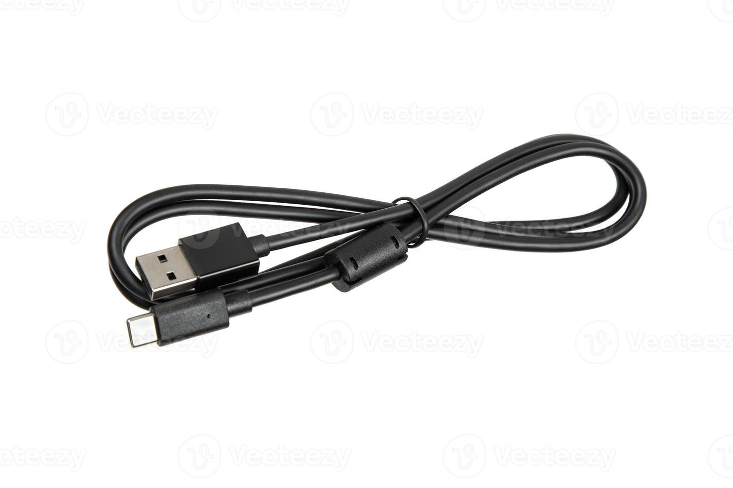 A black USB cable with a USB-A connector on one end and a USB-C connector on the other, coiled neatly with a twist tie. photo