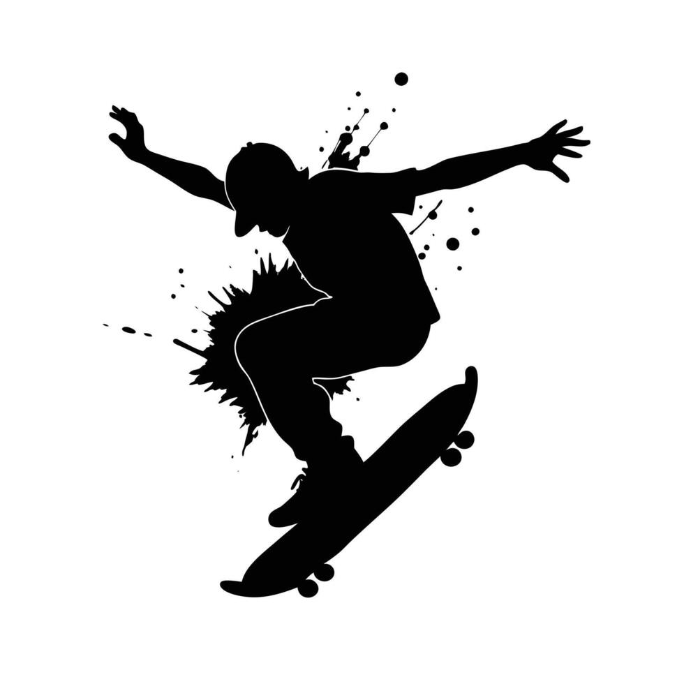 Dynamic Skateboarder Silhouette Action Sport Ink Splatter Design vector
