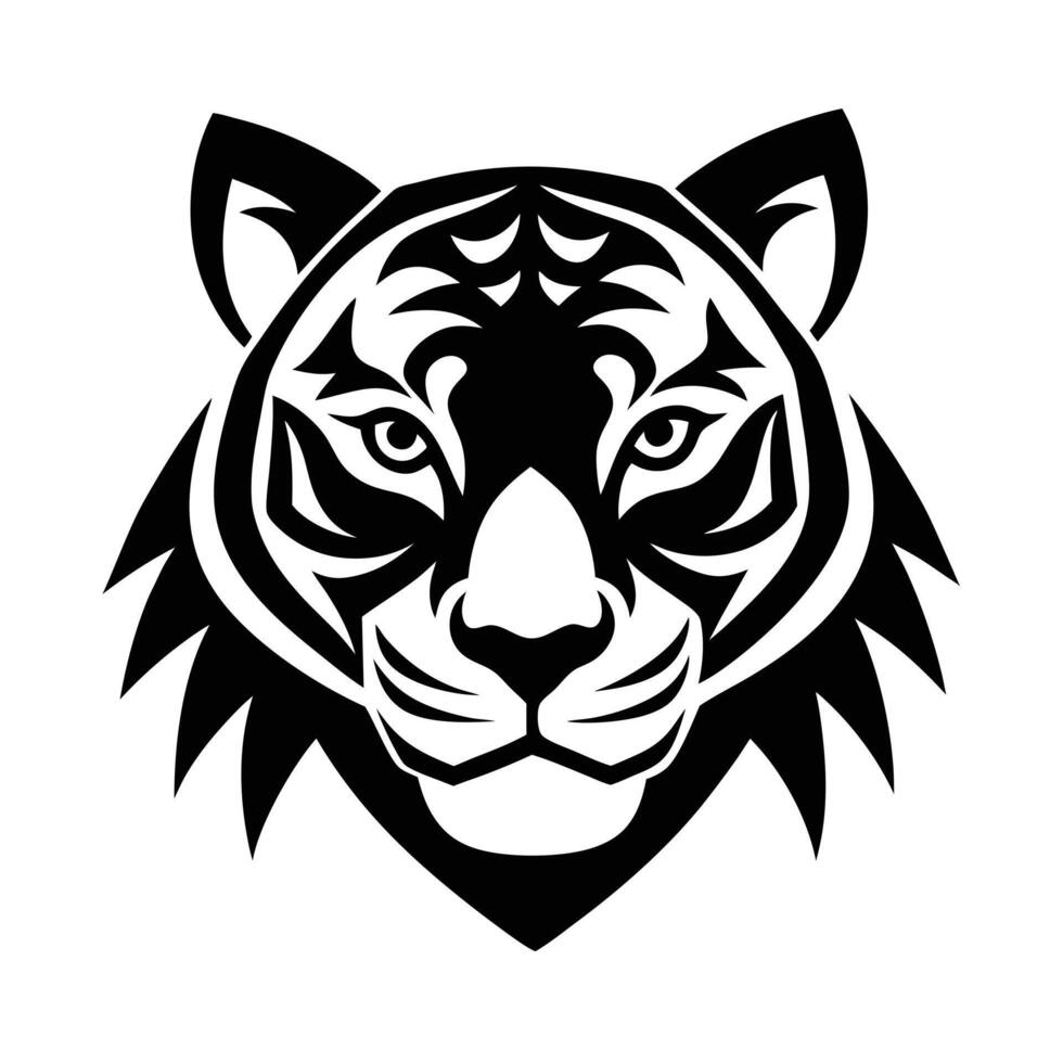 A bold, blackandwhite stylized tiger head. Tribal art influences are evident in the design. The image is a graphic, suitable for logos or prints. vector