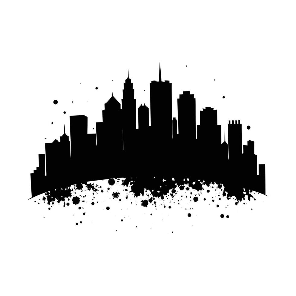 Urban Skyline Silhouette, Ink Splatter Cityscape, Black and White vector