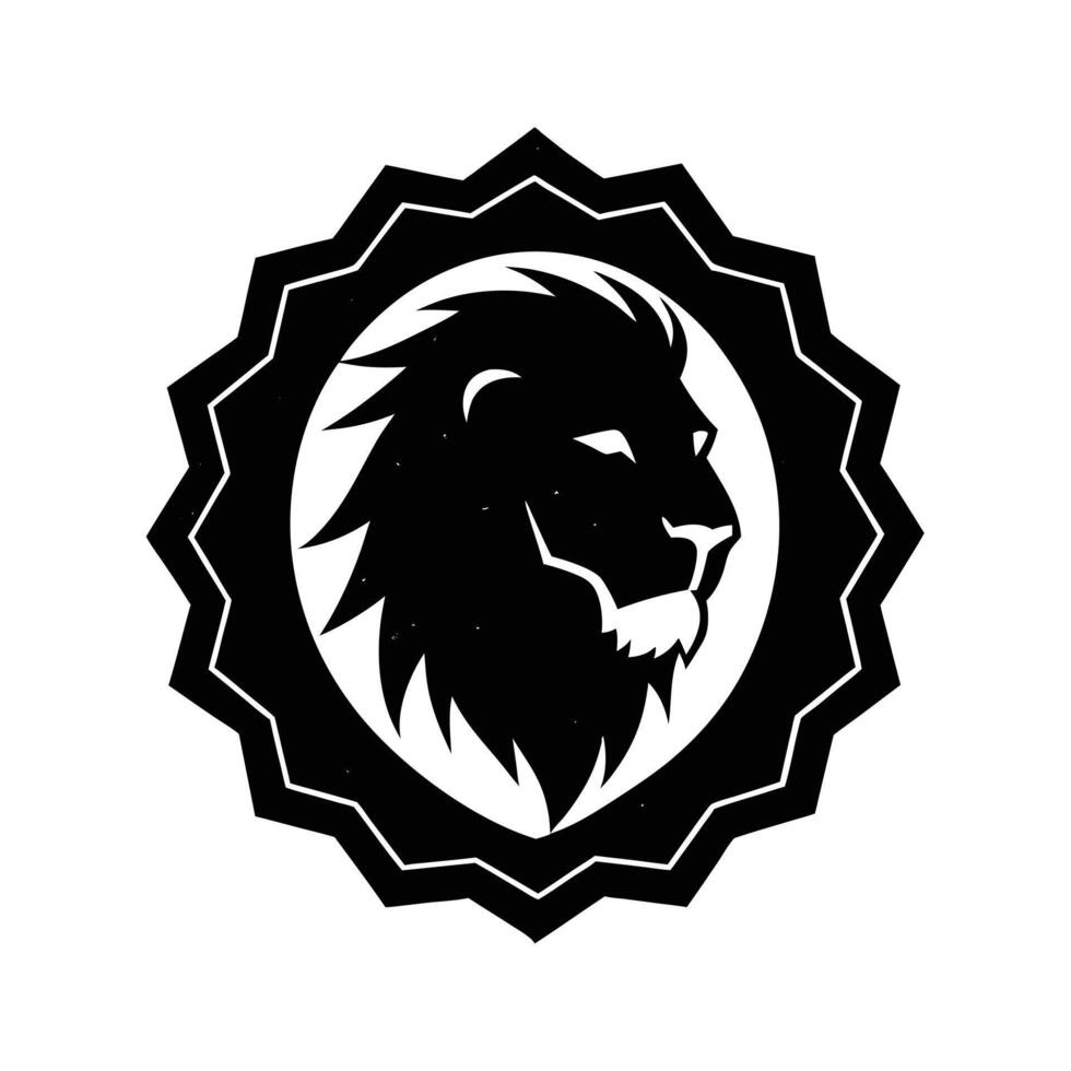 A stylized black lions head profile, encircled by a bold, black, starburstlike badge. Simple, graphic design. Perfect emblem. vector