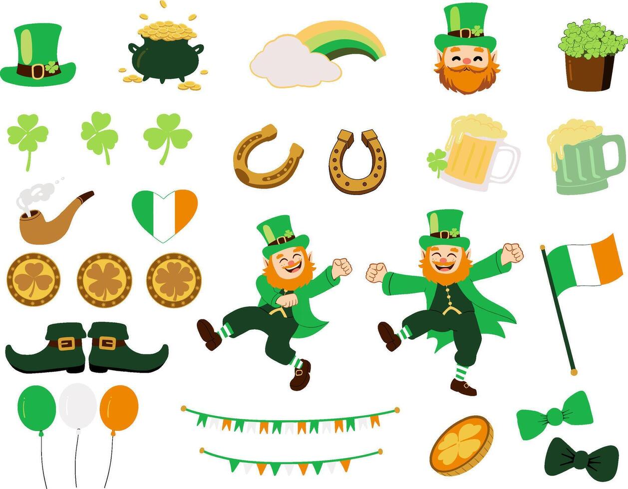 Patrick's Day Leprechaun with Green Hat, Shamrock, Gold Coins, and Irish Beer Cartoon Illustration vector