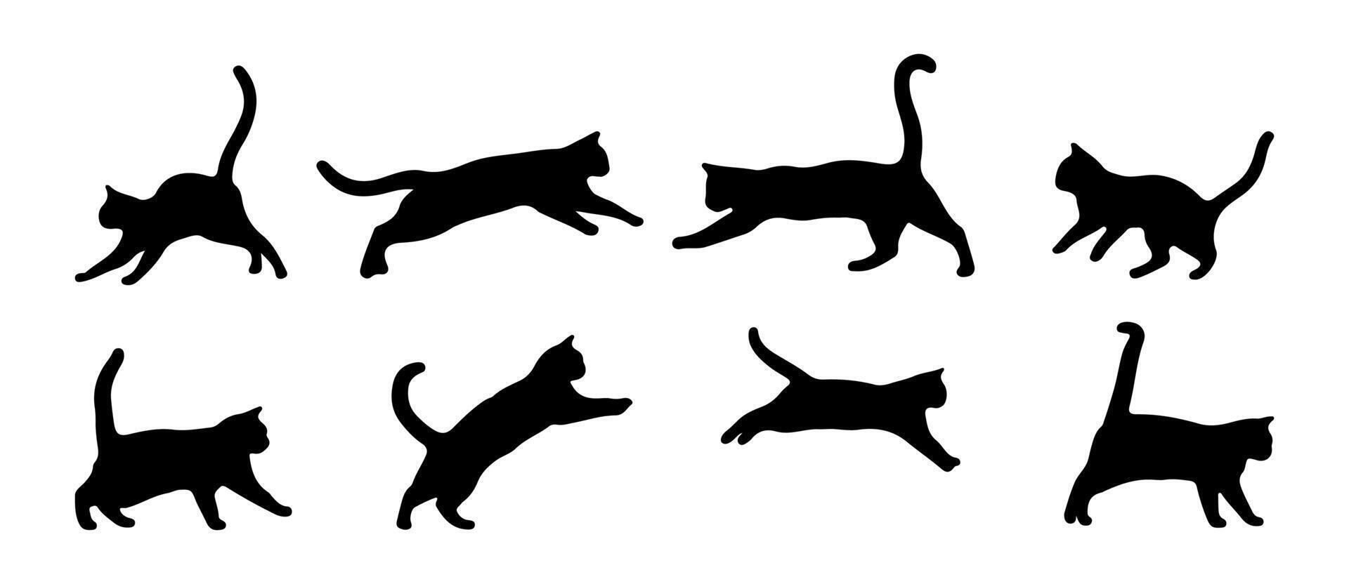 Collection of cat silhouettes in different poses isolated on a white background. vector