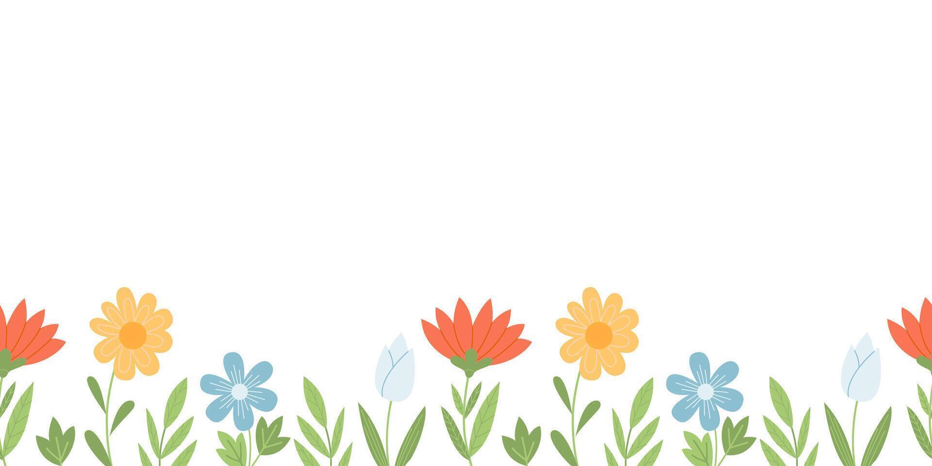 Floral border seamless pattern. Cute horizontal banner with hand drawn spring flowers. illustration on white background vector