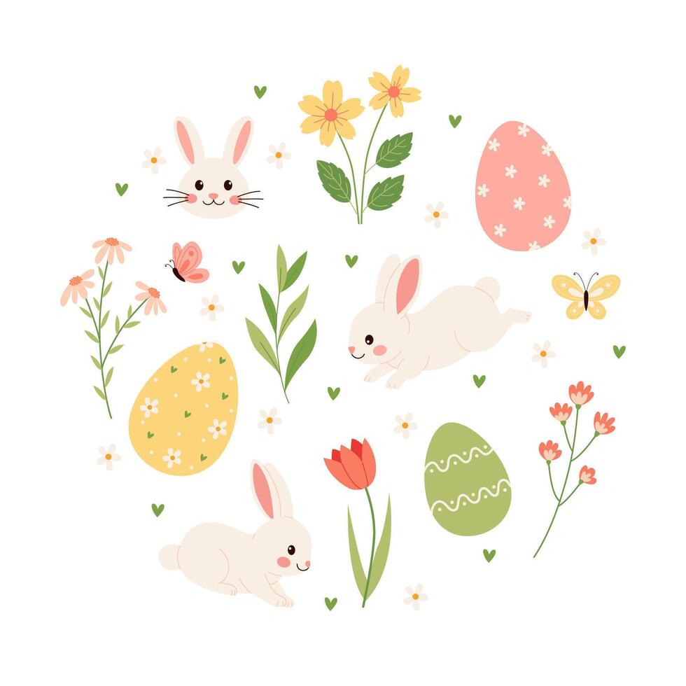 Spring and Easter collection of cute bunnies, flowers and decorations. Hand drawn set for poster card vector