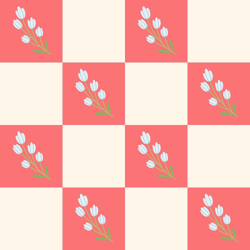 Seamless pattern with hand drawn spring flowers on checkered background. Cute trendy seamless background. vector
