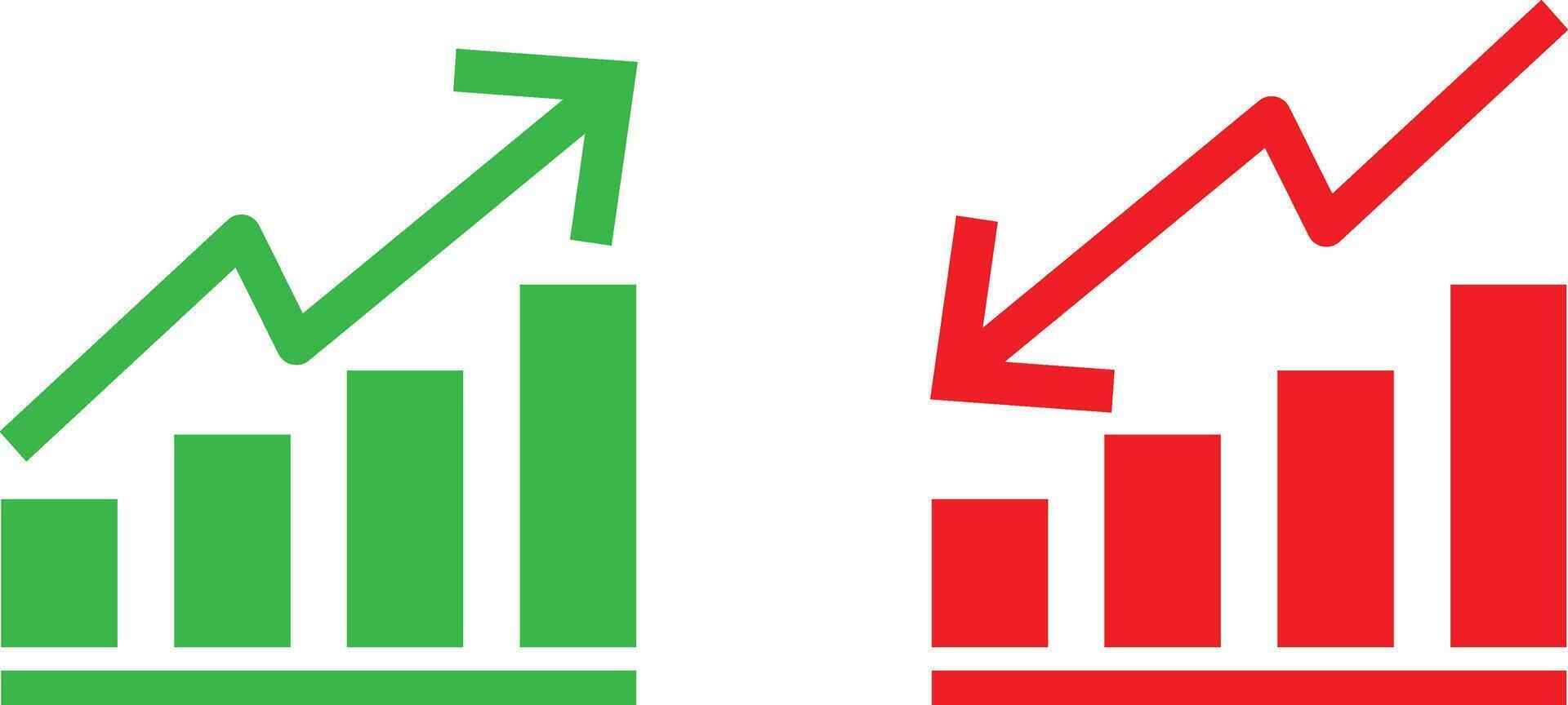 Two red and green graphs with arrows pointing up vector