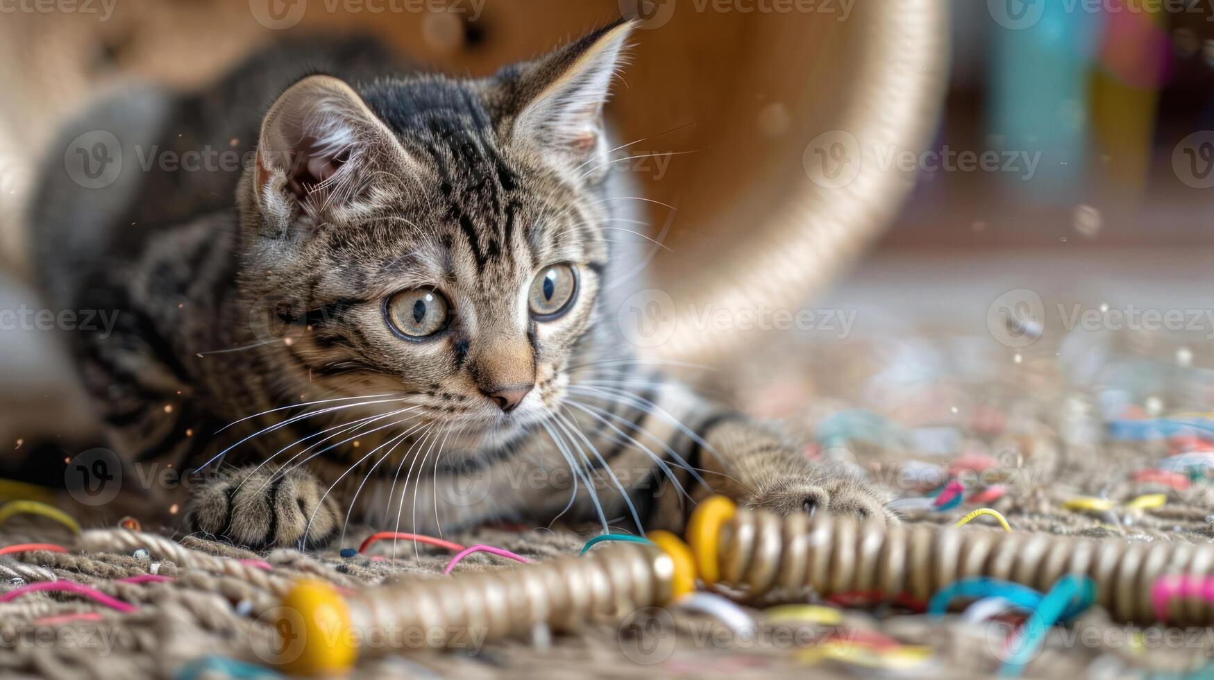 A playful kitten curiously engages with colorful toys on a textured surface. photo