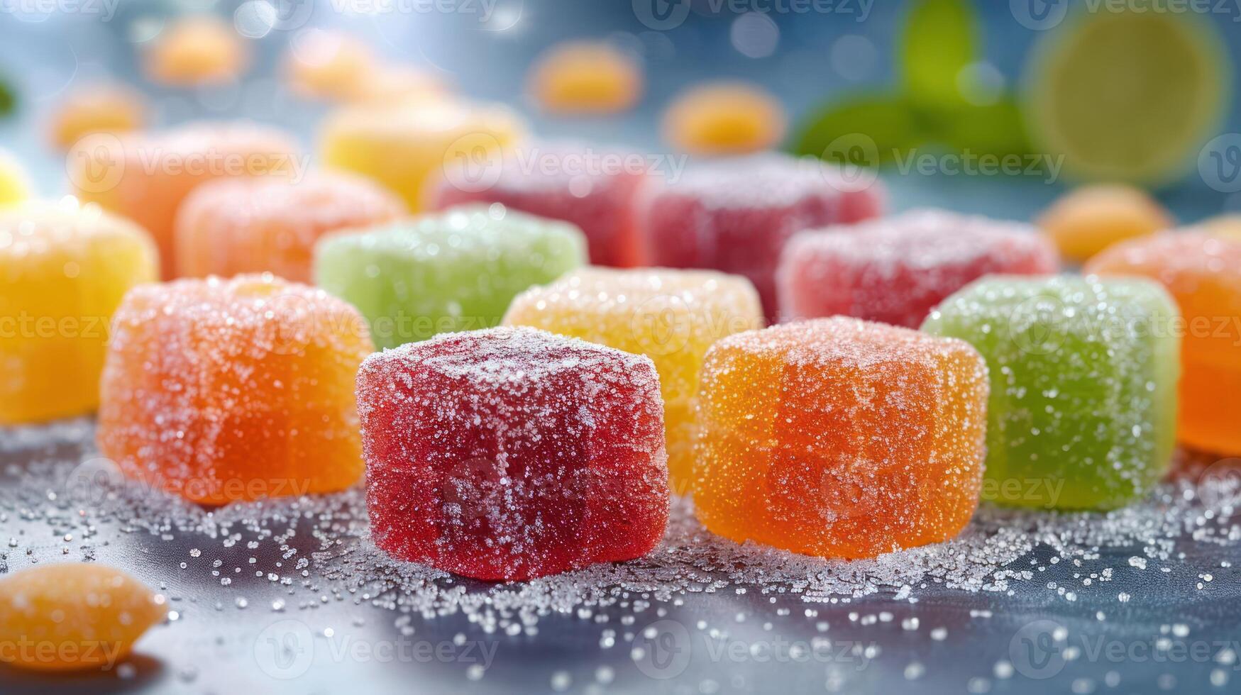 Colorful gummy candies coated with sugar, arranged attractively on a surface. photo