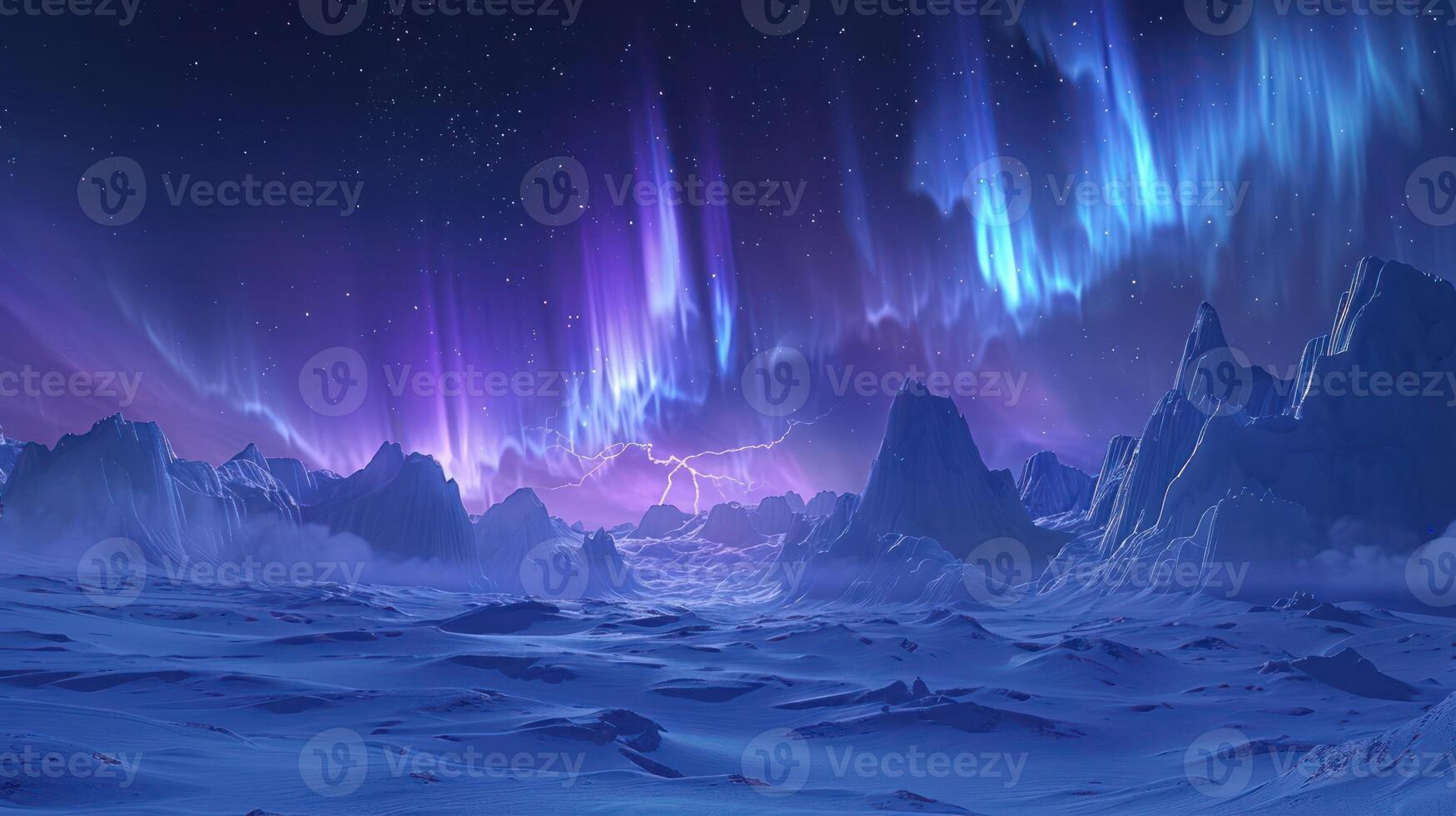 A stunning night landscape featuring vibrant auroras over snow-covered mountains. photo