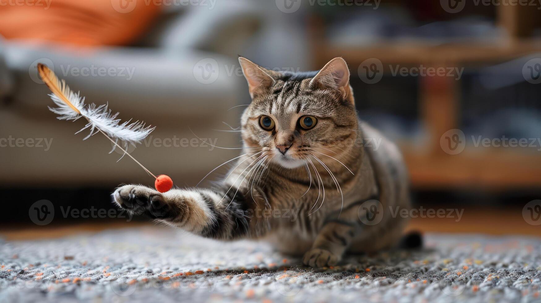 A playful cat reaching for a feather toy on a cozy rug in a warm living room. photo