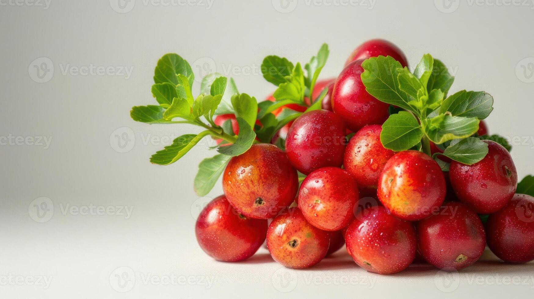 A pile of shiny red fruits with green leaves on a light background. photo