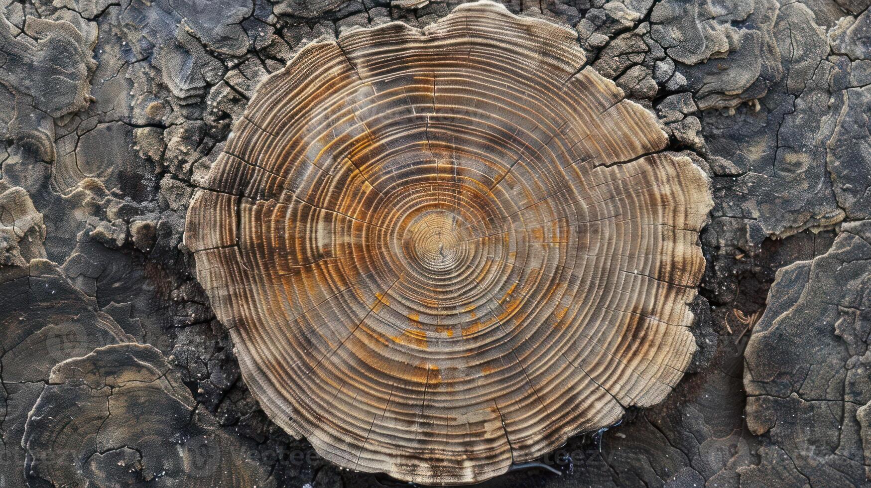 A cross-section of a tree stump showcasing growth rings and natural textures. photo
