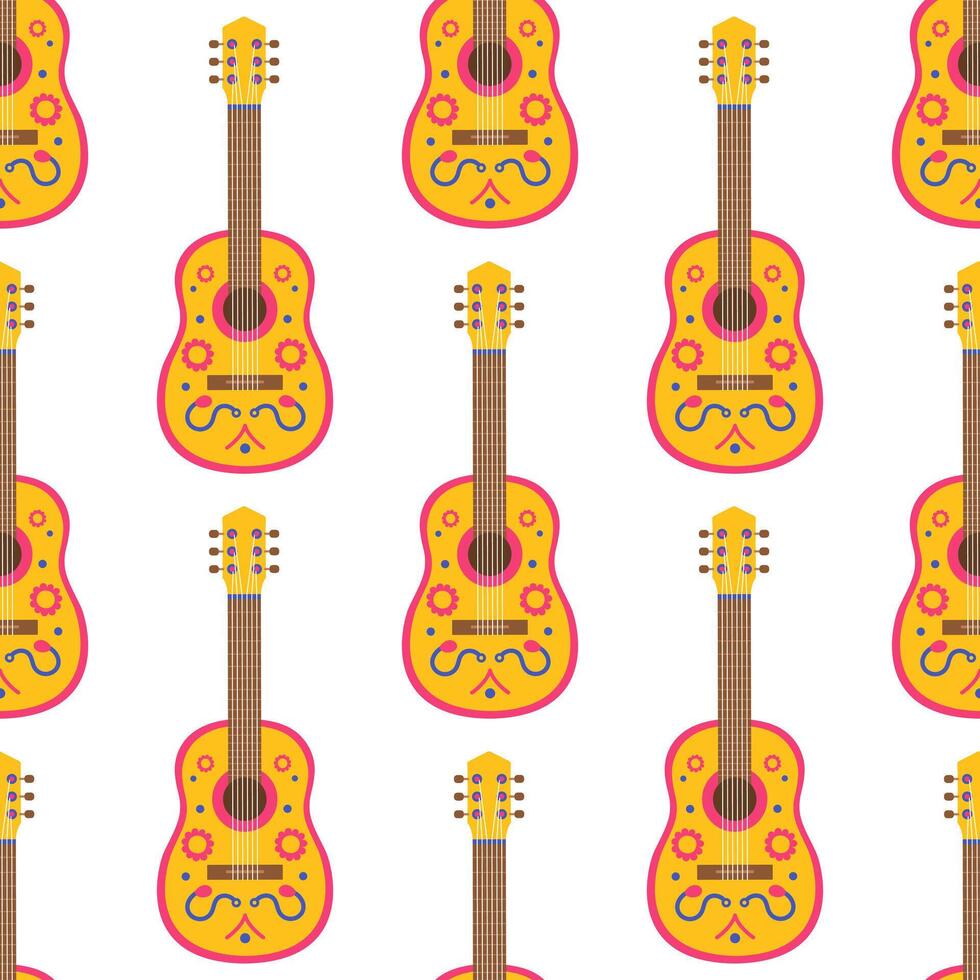 Seamless pattern with yellow and pink acoustic guitar on white background. String music instrument. Mexican or brazilian traditional party. Flat illustration for wallpaper, textile, packaging vector