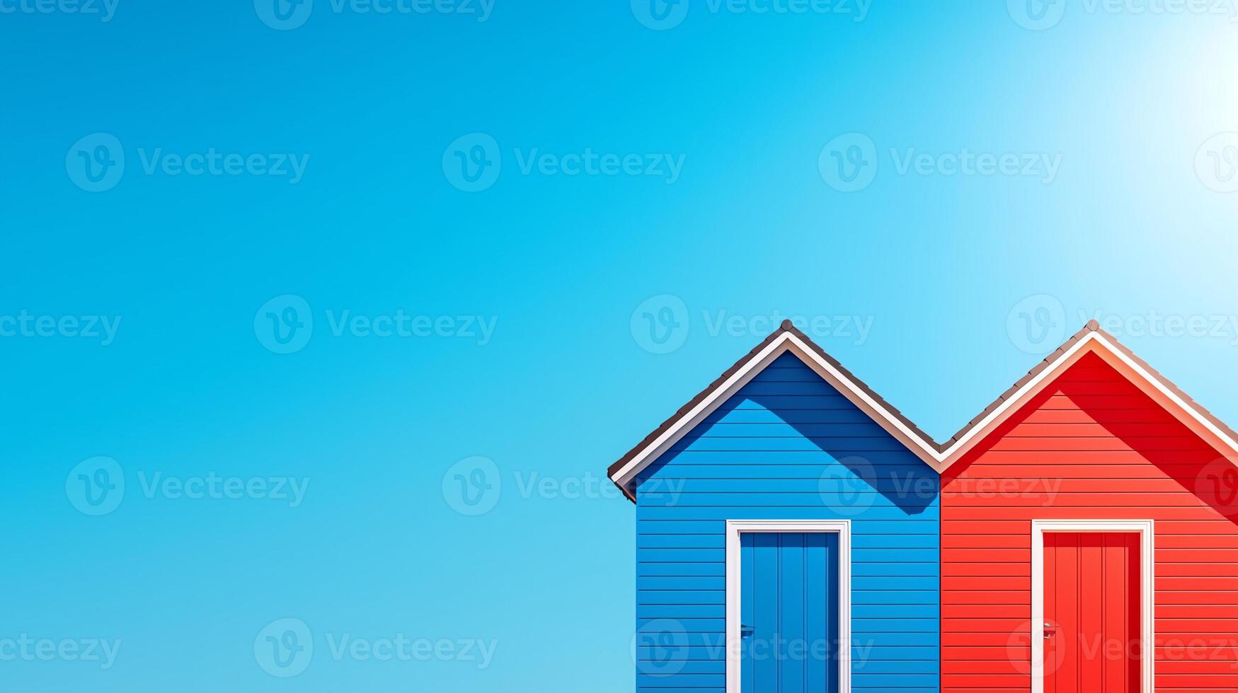 Vibrant illustration of colorful houses under a clear blue sky, showcasing modern architecture. Perfect for design, architecture, or real estate concepts. photo