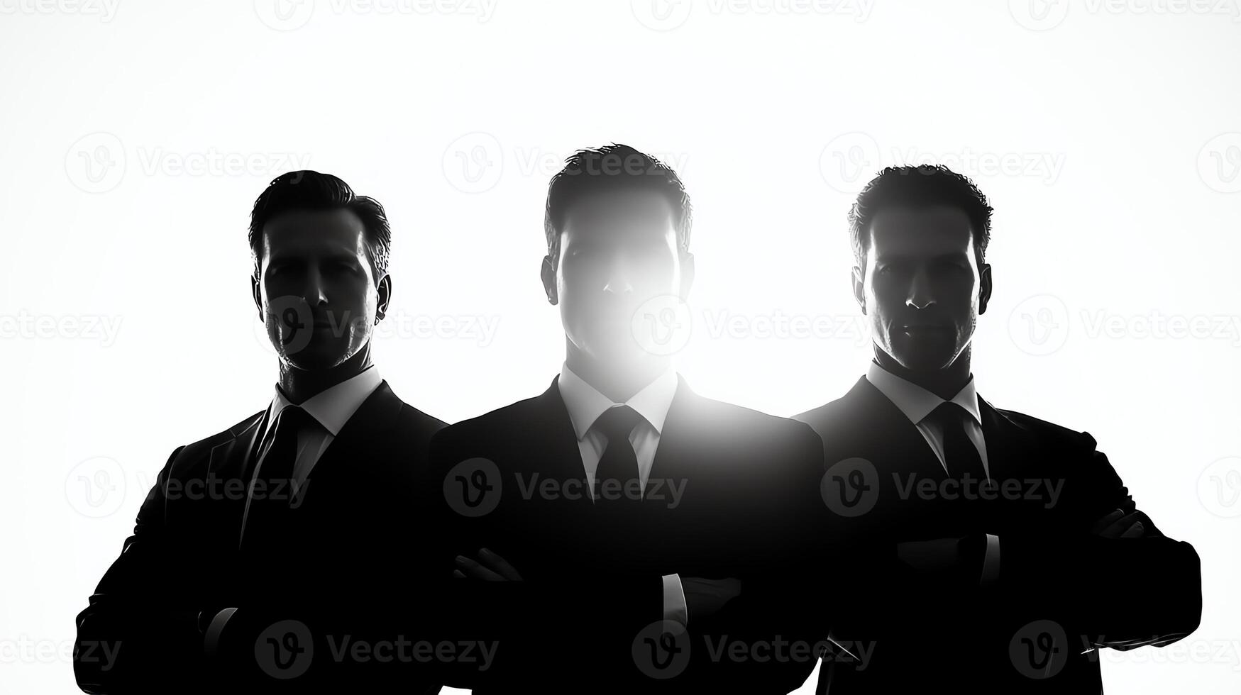 Silhouette of three confident business professionals standing together, representing teamwork and leadership in a corporate environment, with a striking light backdrop. photo