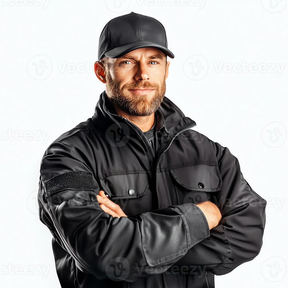 Confident man in casual black jacket and cap poses with arms crossed, showcasing a stylish yet practical appearance. Ideal for themes of security, confidence, and professionalism. photo