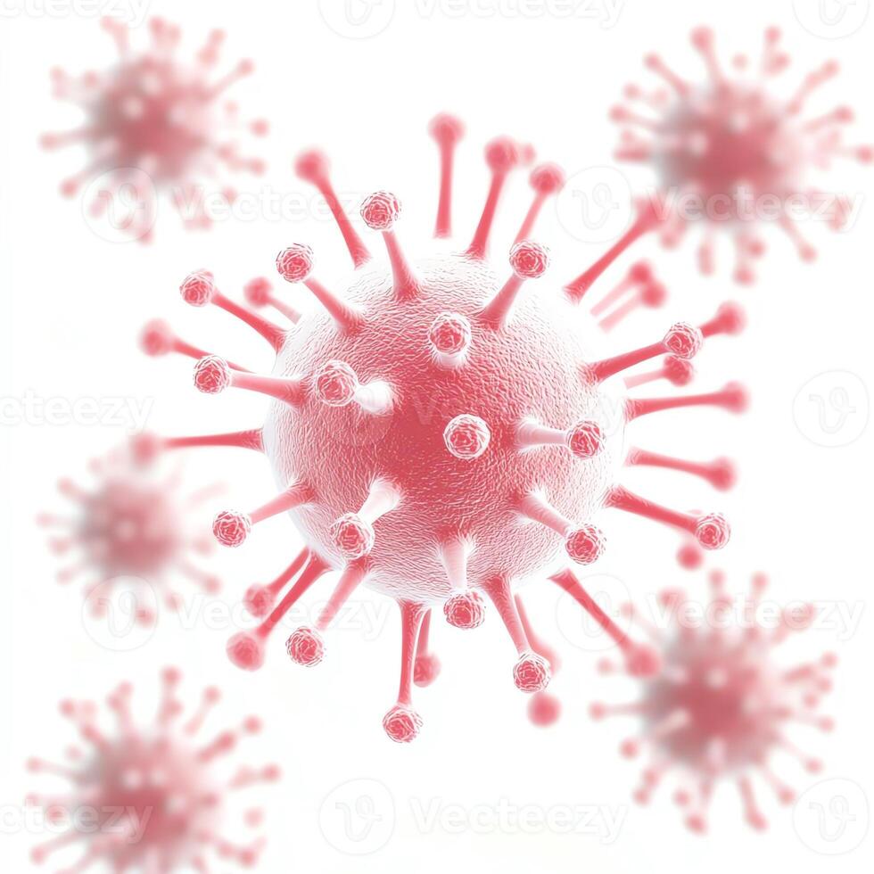 Close-up view of red virus particles on a white background, illustrating the microscopic structure of a viral pathogen. photo