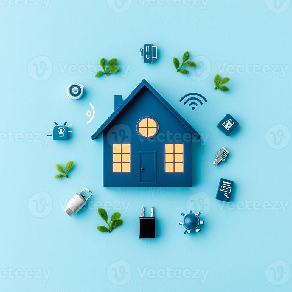 A creative illustration featuring a blue house surrounded by various tech icons and green leaves. Perfect for topics on smart home technology and eco-friendly innovations. photo