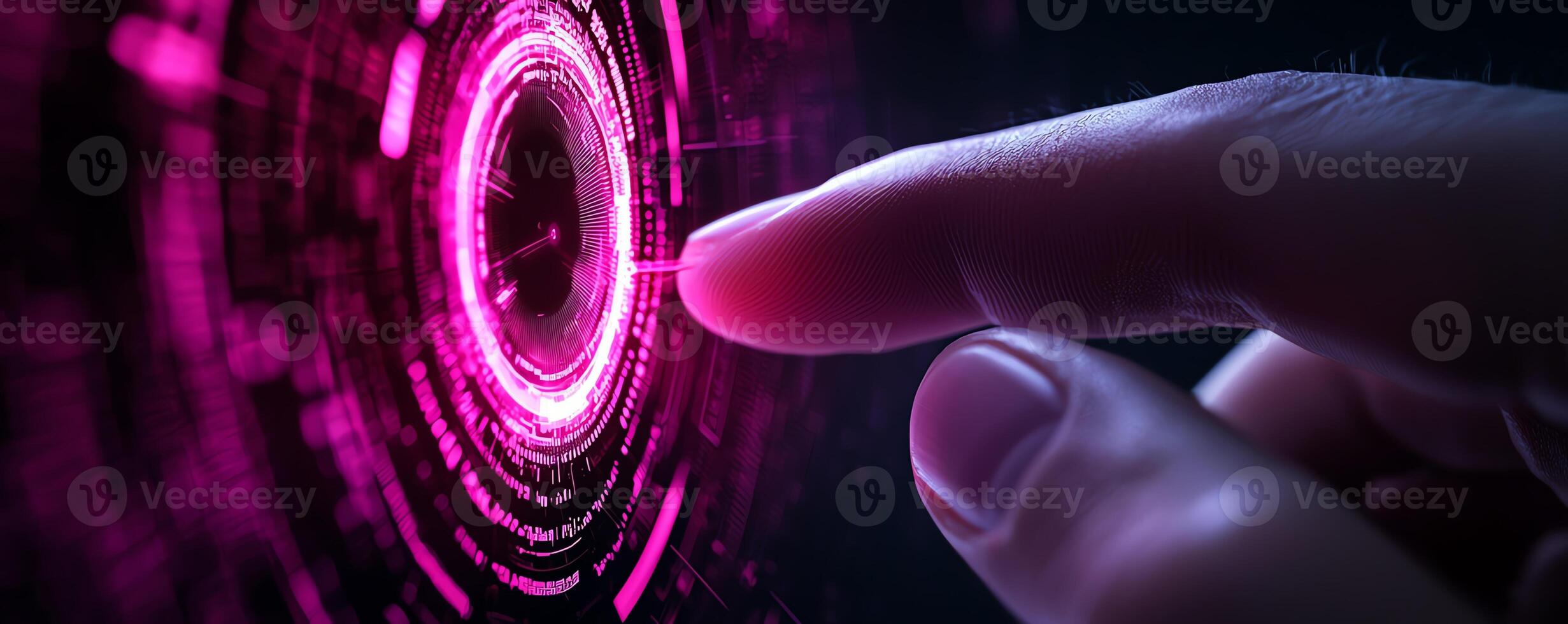 A close-up of a finger touching a vibrant, glowing interface with intricate patterns photo