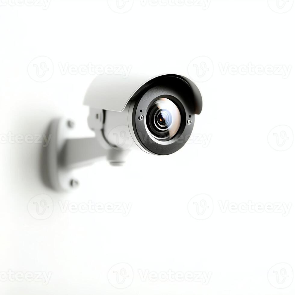A modern surveillance camera mounted on a wall, designed for home or business security. It features a sleek design and high-quality lens for capturing clear images. photo