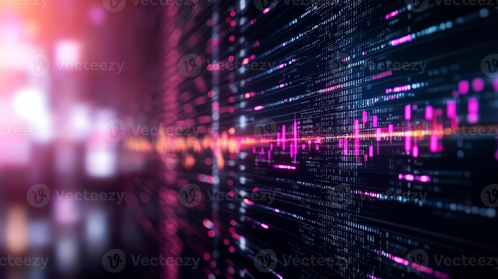 A vibrant digital data visualization displaying colorful waveforms and lines of code, representing the flow of information in futuristic technology environments. photo