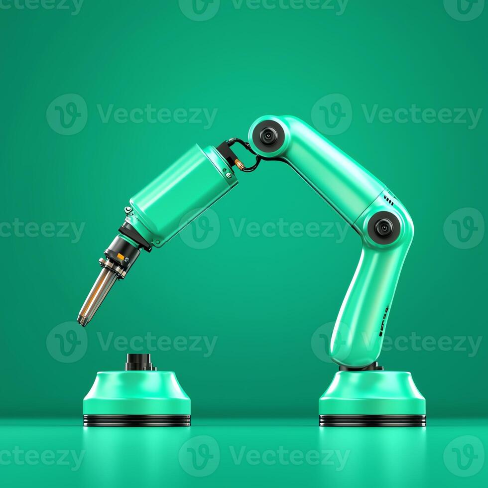 A sleek, modern robotic arm on a vibrant green background. This image represents innovation in automation and showcases the future of manufacturing and technology. photo