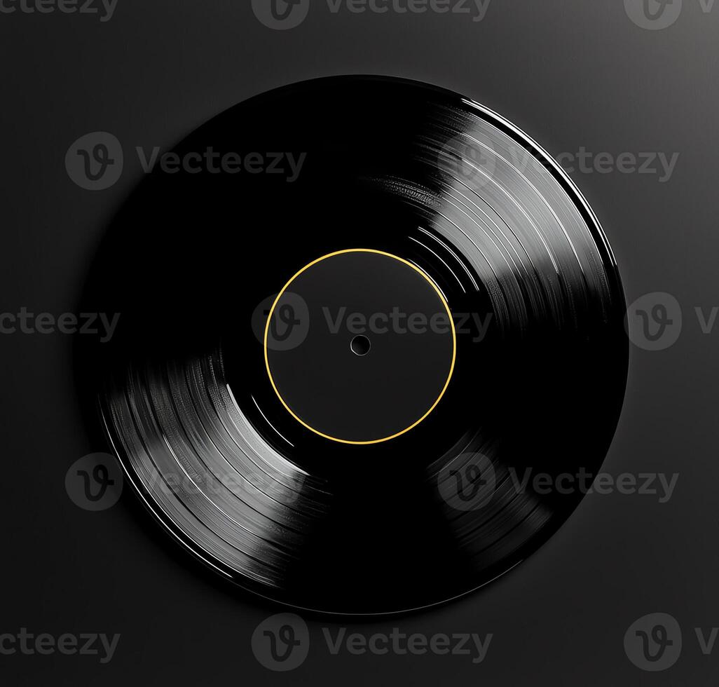 A classic black vinyl record on a dark background, showcasing its shiny surface and grooves photo