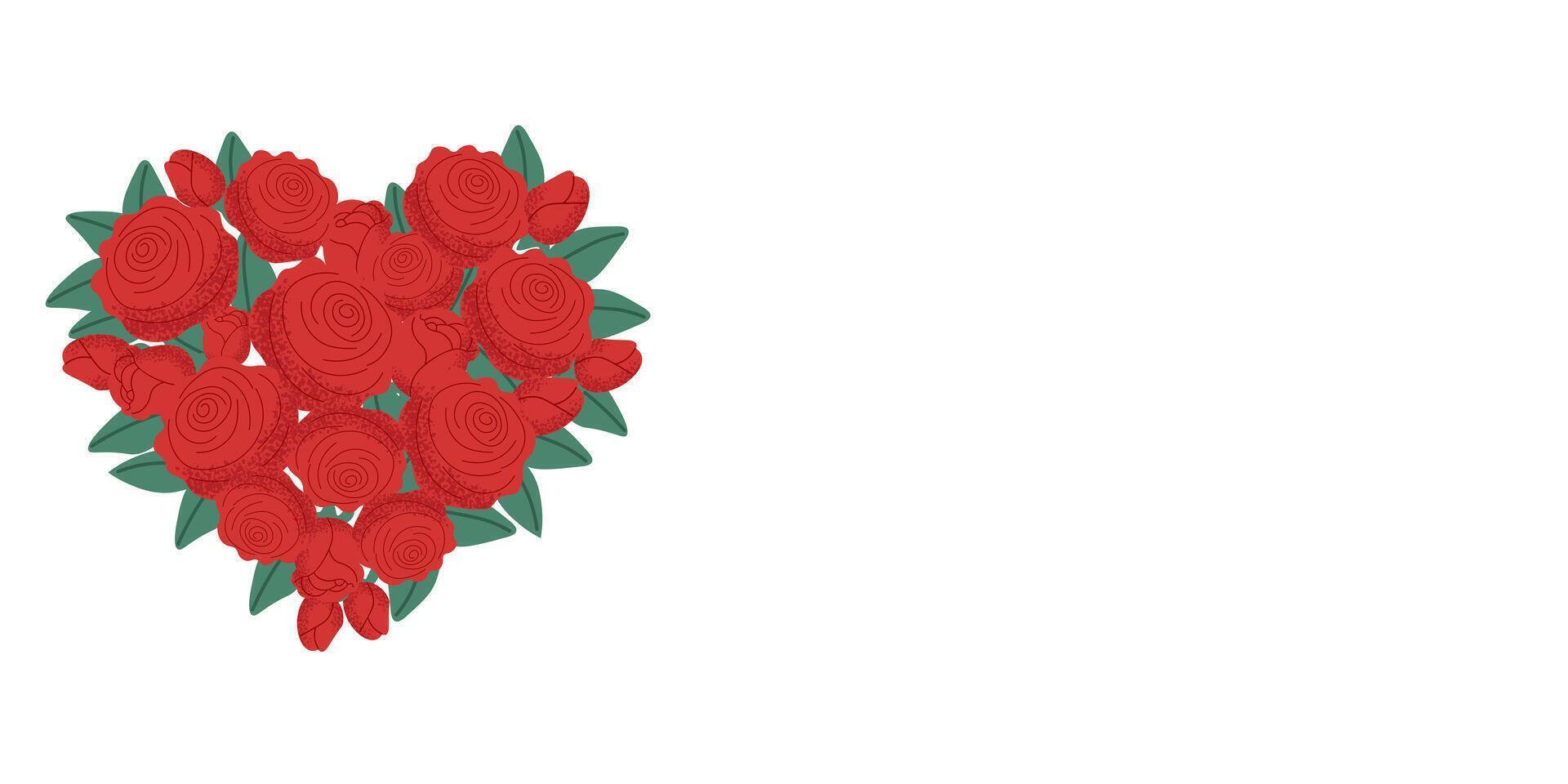 Banner with roses in the shape heart on white background. Beautiful design for love celebrations, from weddings, Valentine's Day and otherth. vector