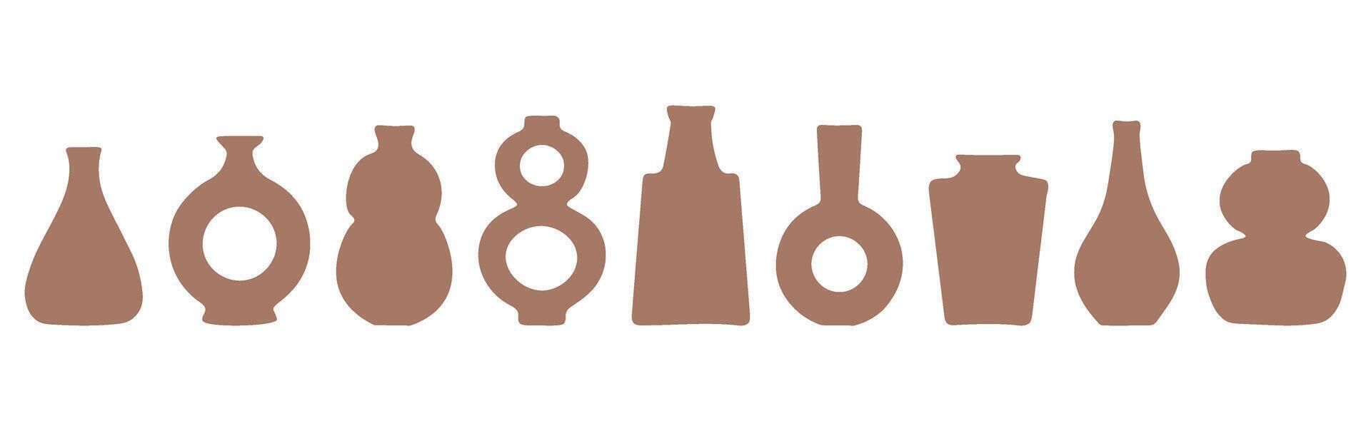 Set of abstract vase silhouettes in brown.Various modern, geometric pottery designs.Cozy home decor handmade boho vector