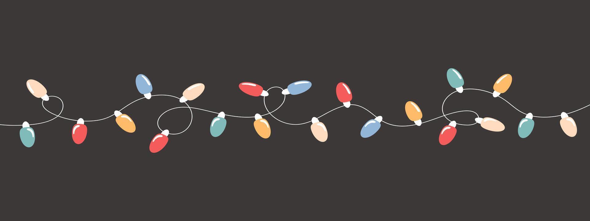 Festive string lights garlands with multi-colored lamps. Festive illustration in flat style on a dark background. vector