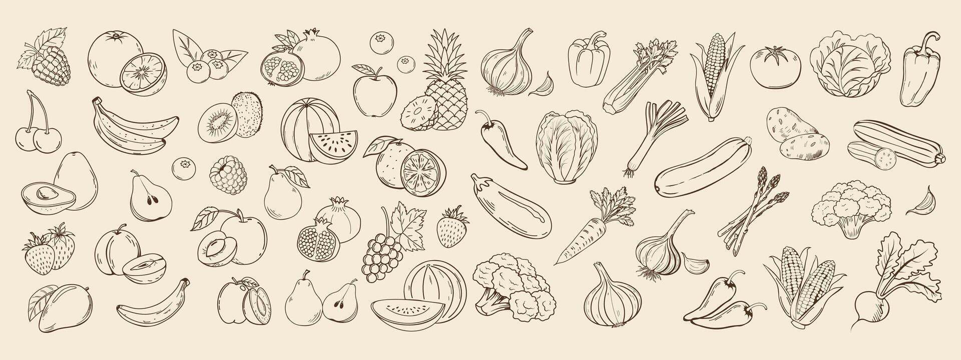Set of sketch vegetables and fruits. Collection of hand drawn farm products for restaurant menu, market label. Retro style illustration sketch vector