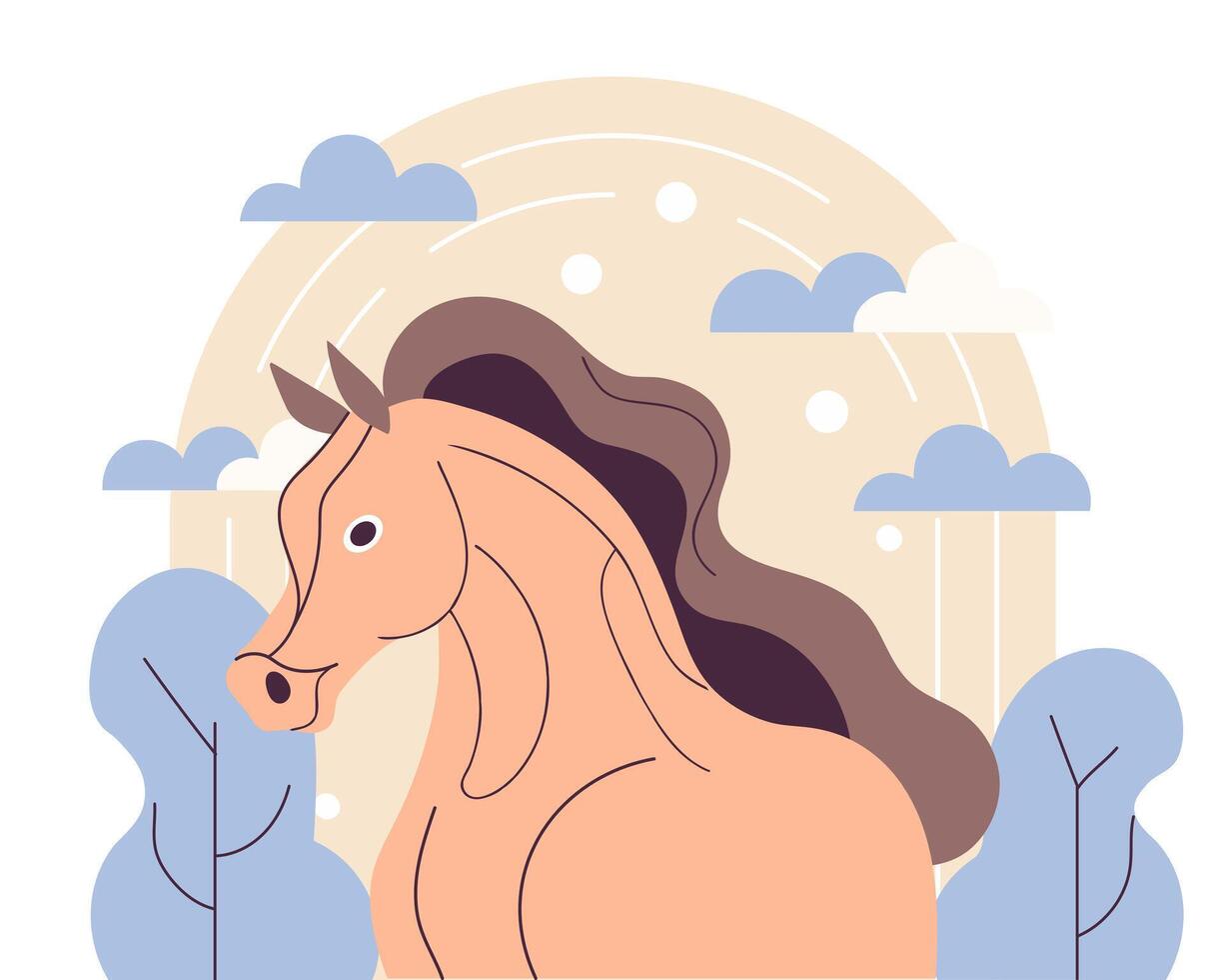 Stylized horse on a nature background with rainbow and clouds. Year of the Horse. Modern illustration in flat style. vector