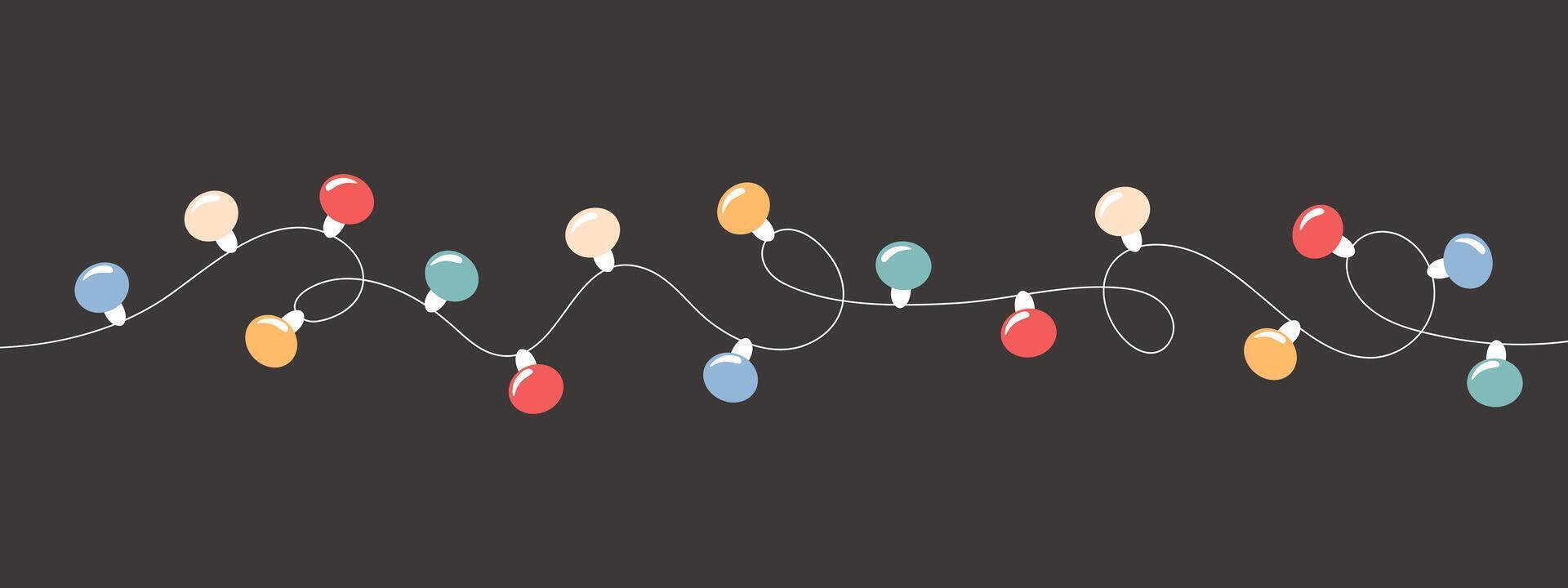 Festive string lights garlands with multi-colored lamps. Festive illustration in flat style on a dark background vector