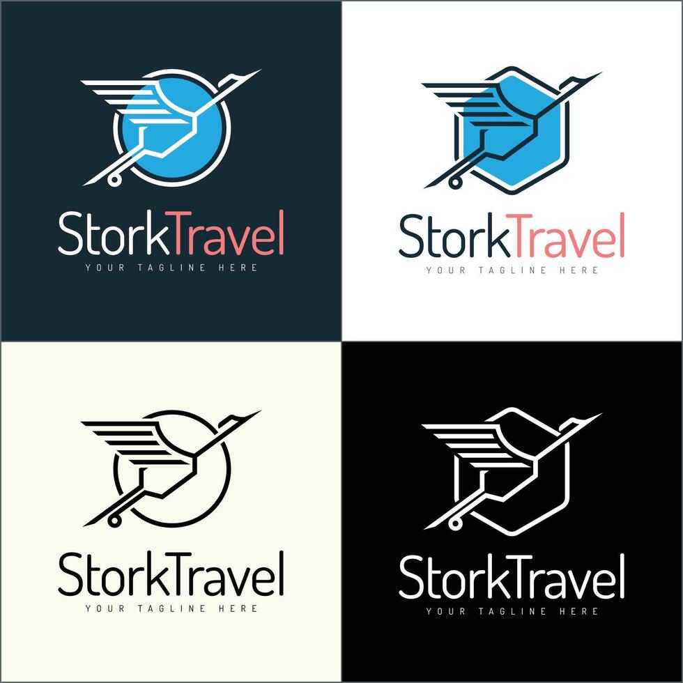 Stork flying line art travel logo set template design vector