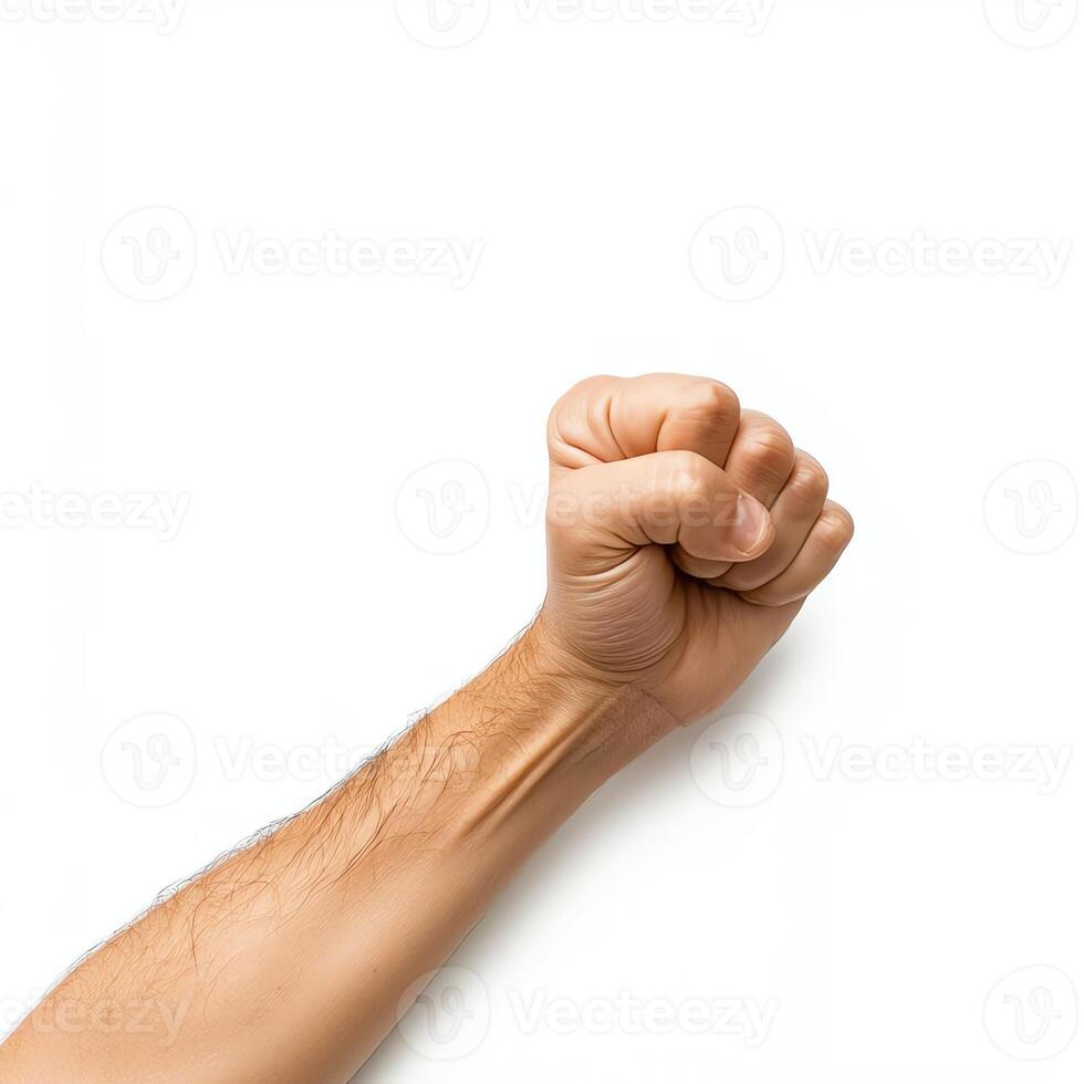 A close-up of a fist raised in a powerful gesture, symbolizing strength, determination, and resilience. A simple yet impactful image demonstrating human emotion and assertiveness. photo