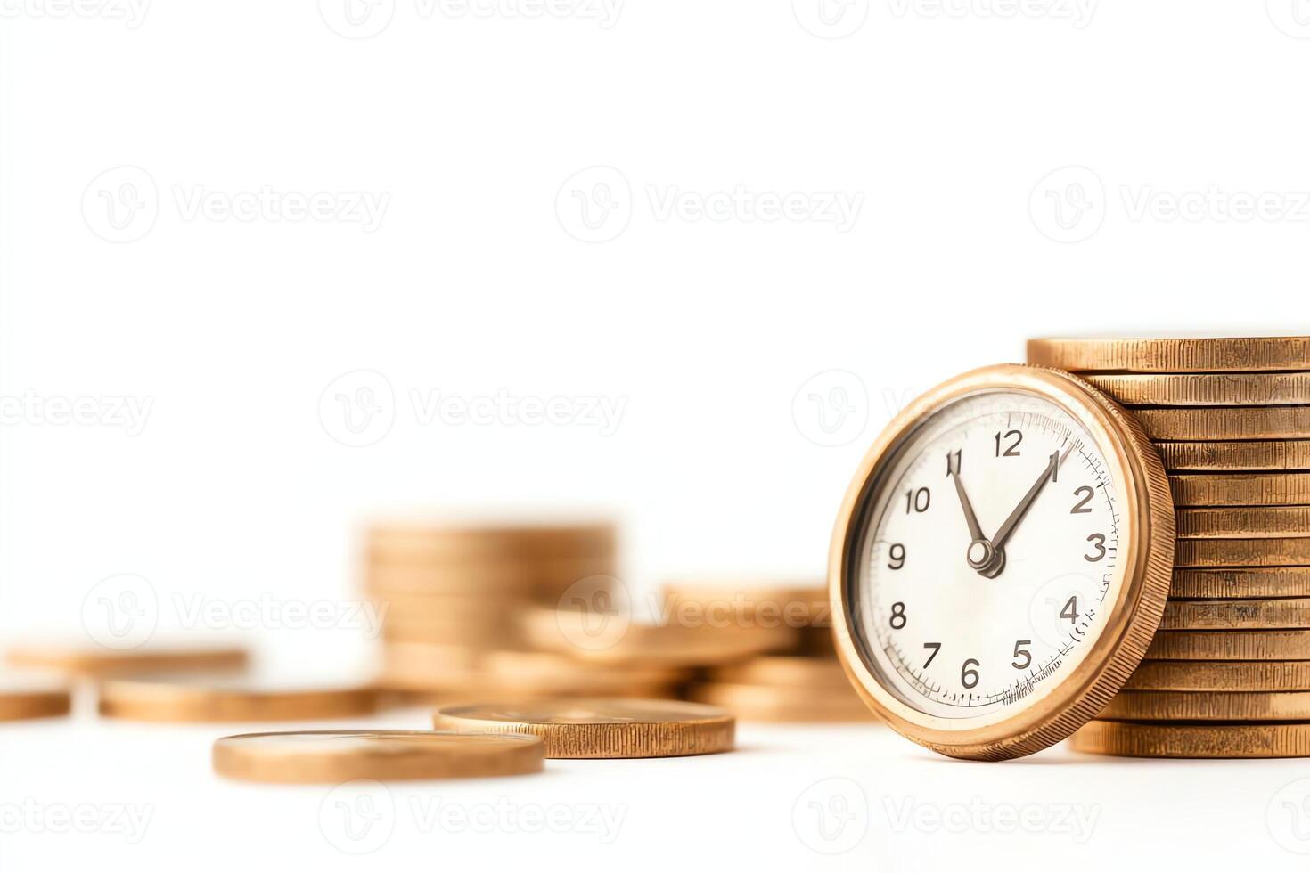 A close-up of stacked coins and a clock, representing the concept of time management in finance, illustrating the relationship between money and time in investments. photo