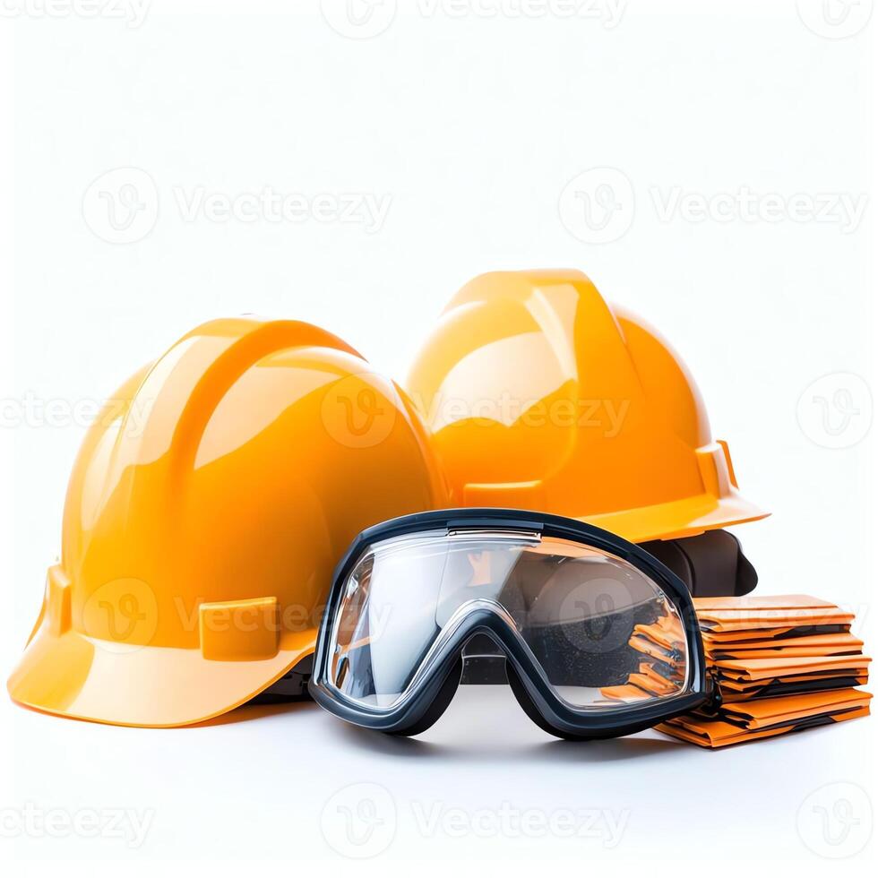 A close-up of construction safety gear including yellow helmets and protective goggles, essential for safety on job sites, emphasizing workplace protection and responsibility. photo