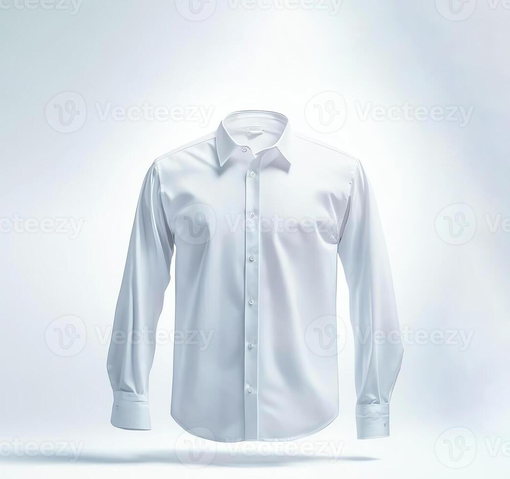 A crisp, clean white dress shirt is showcased against a soft, neutral background, embodying elegance and timeless style ideal for both casual and formal occasions. photo