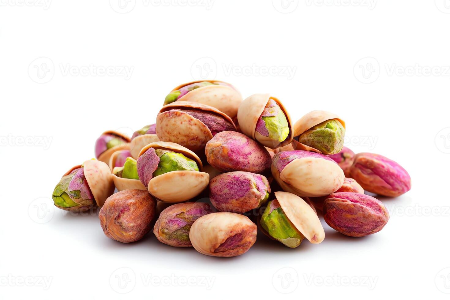 A close-up view of a pile of pistachio nuts showcasing their vibrant colors and unique textures against a clean white background, perfect for culinary and snack-related themes. photo