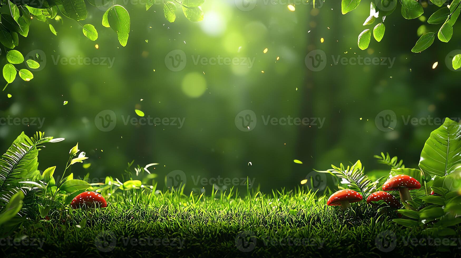 A serene forest floor scene, showcasing vibrant green grass and colorful mushrooms nestled among lush foliage photo