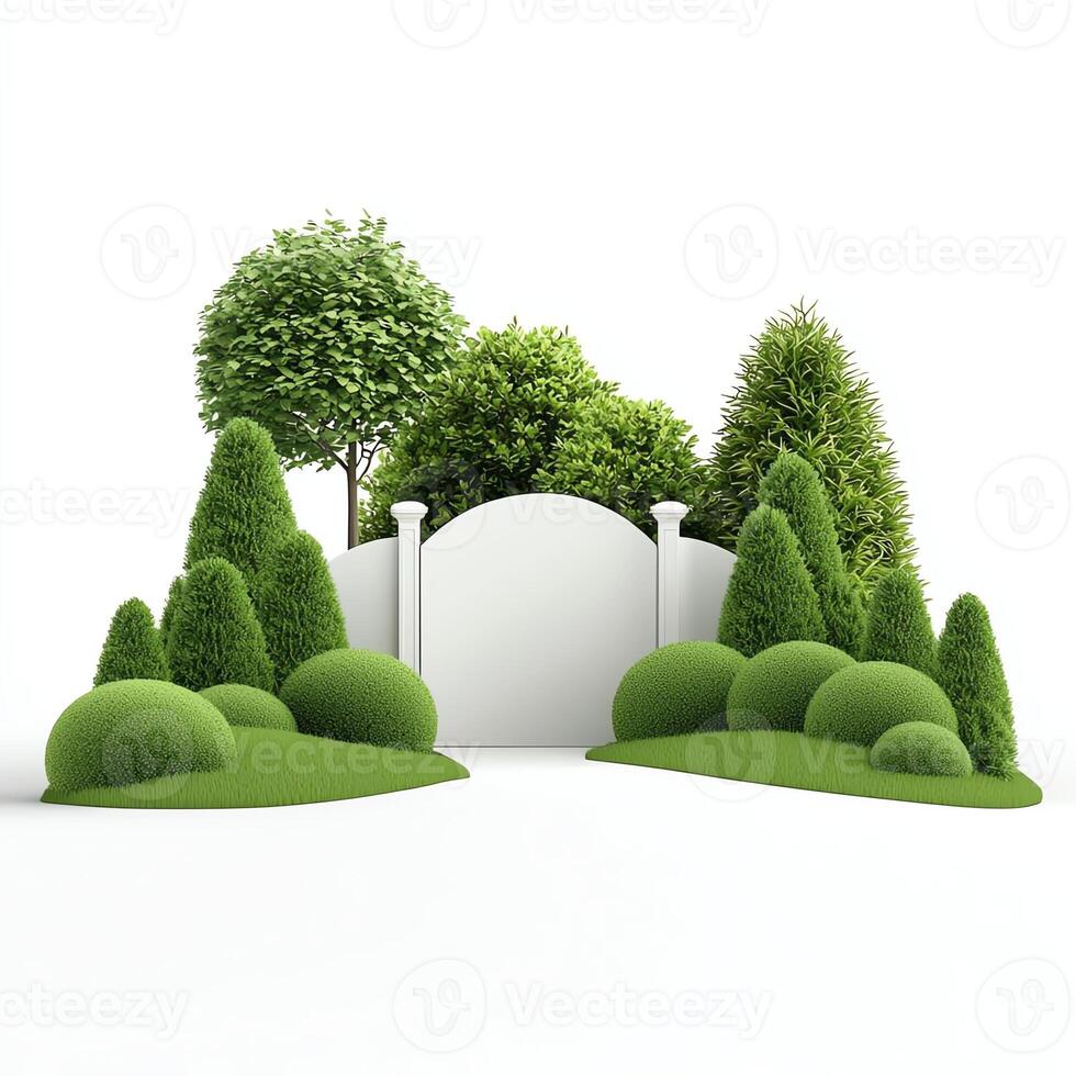 A serene landscape featuring meticulously trimmed greenery, showcasing various types of bushes and trees in a tranquil arrangement, perfect for nature-inspired design themes. photo