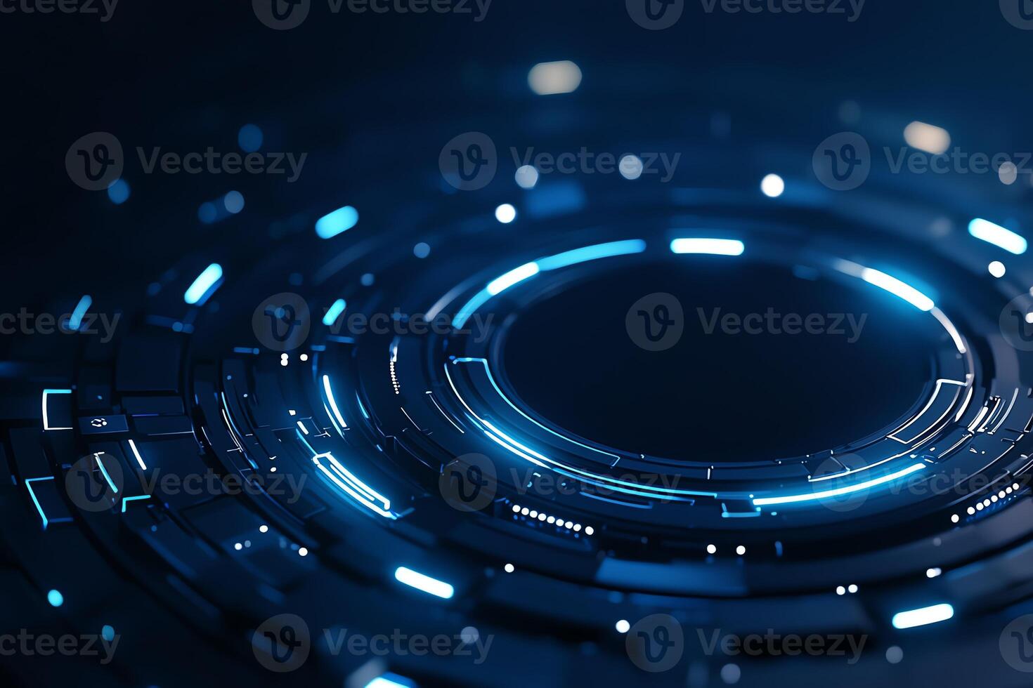 This abstract image features futuristic circular patterns with blue glowing lights, perfect for technology, digital art, or sci-fi themes. Ideal for backgrounds or design elements. photo